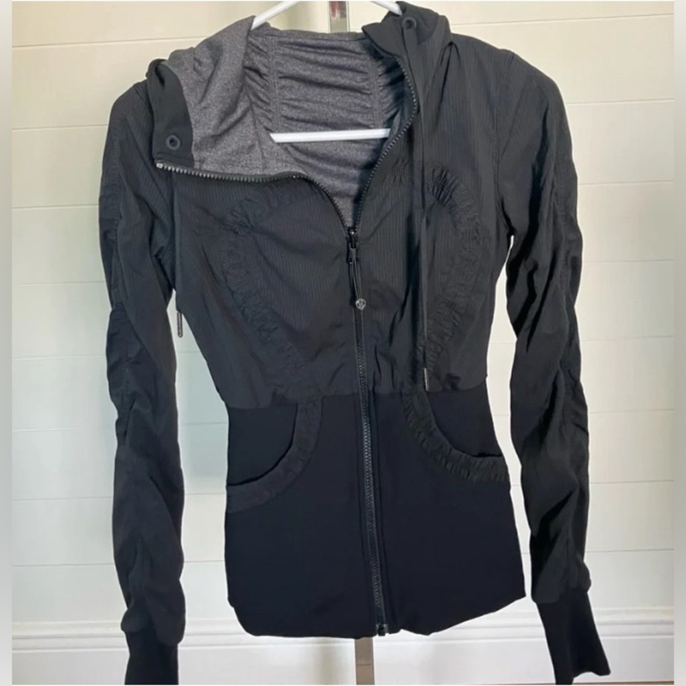 Women's Black Hooded Jacket Lululemon Dance Studio Reversible Jacket Black Grey